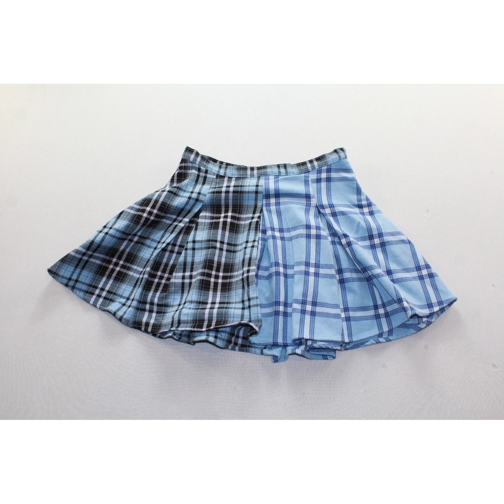 SO Mini Skirt Women 7 Blue Excellent Plaid Colorblock Pleated Skater Zip Closure
